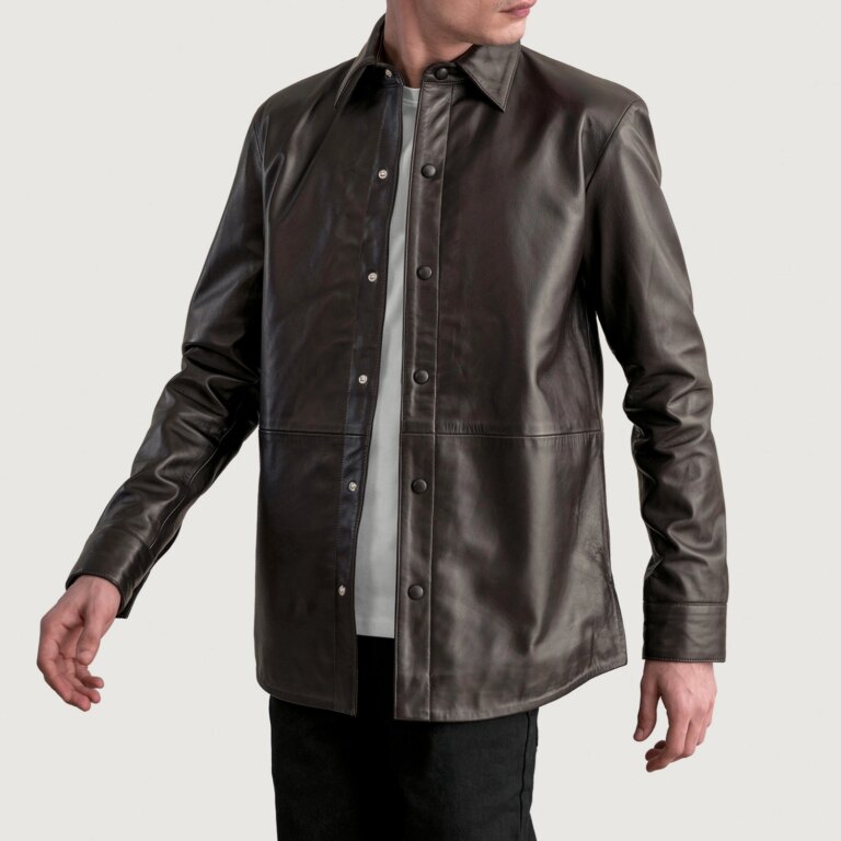 Mens Haven Brown Leather Shirt Open Front-4-1724080274720